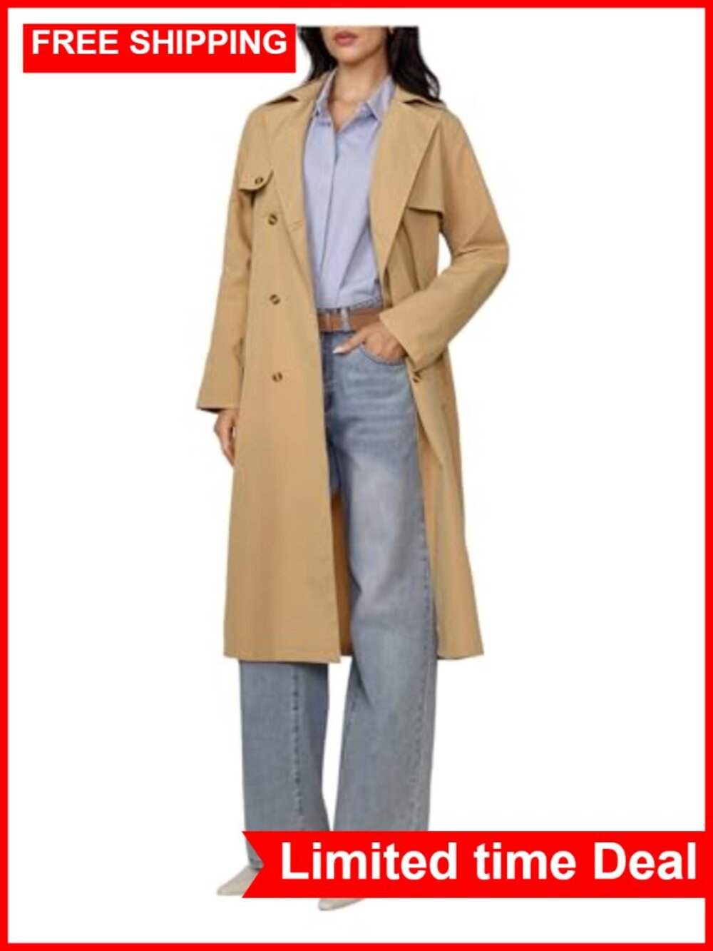 Women's Trench Coat Double Breasted Belted Long Overcoat Polyester